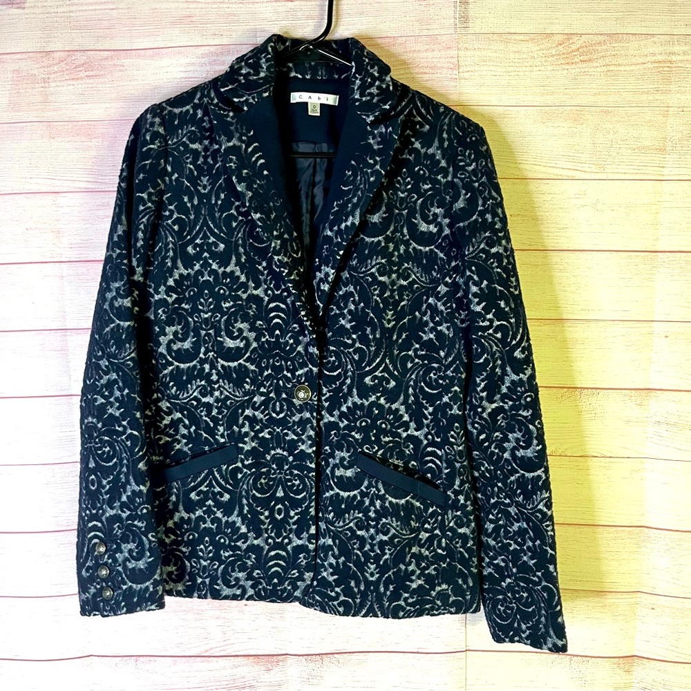 Cabi Navy‎ Blue Jacquard Wool Blend Style #109 Blazer Size 0